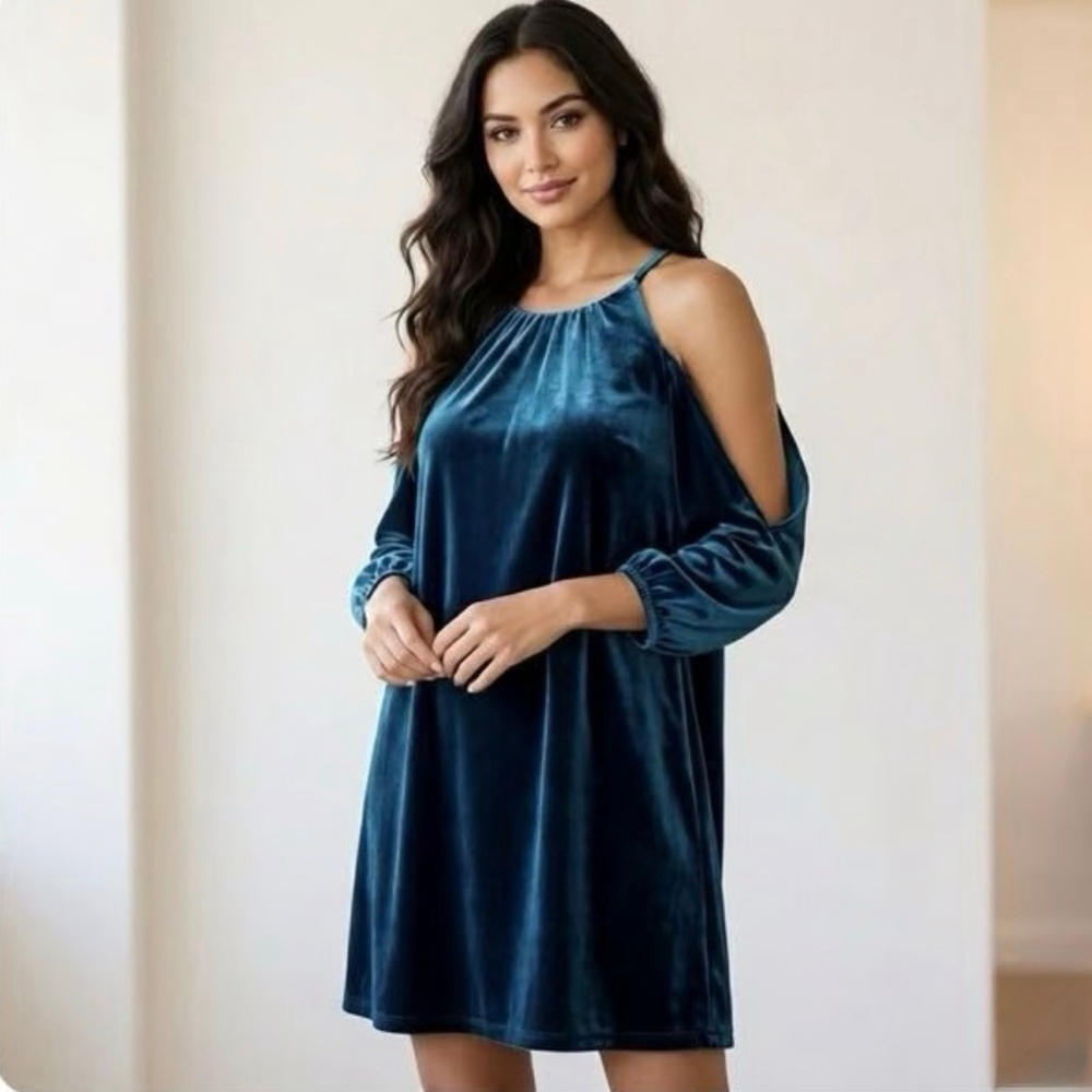 BELLE BADGLEY MISCHKA Valentina Velvet Cold Shoulder Dress Peacock Blue Size 4